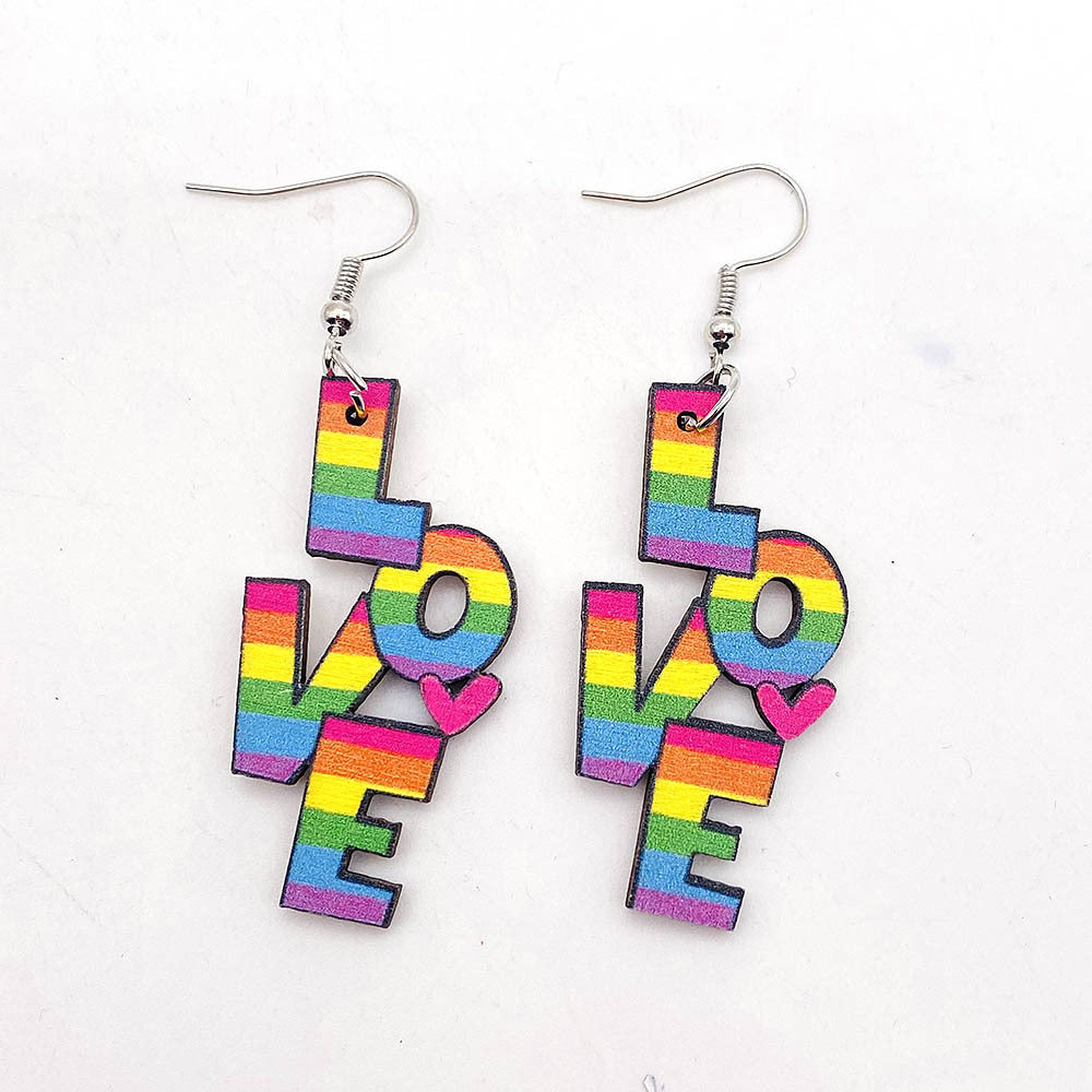 Wholesale Valentine's Day Rainbow LOVE LGBT Wooden Earrings